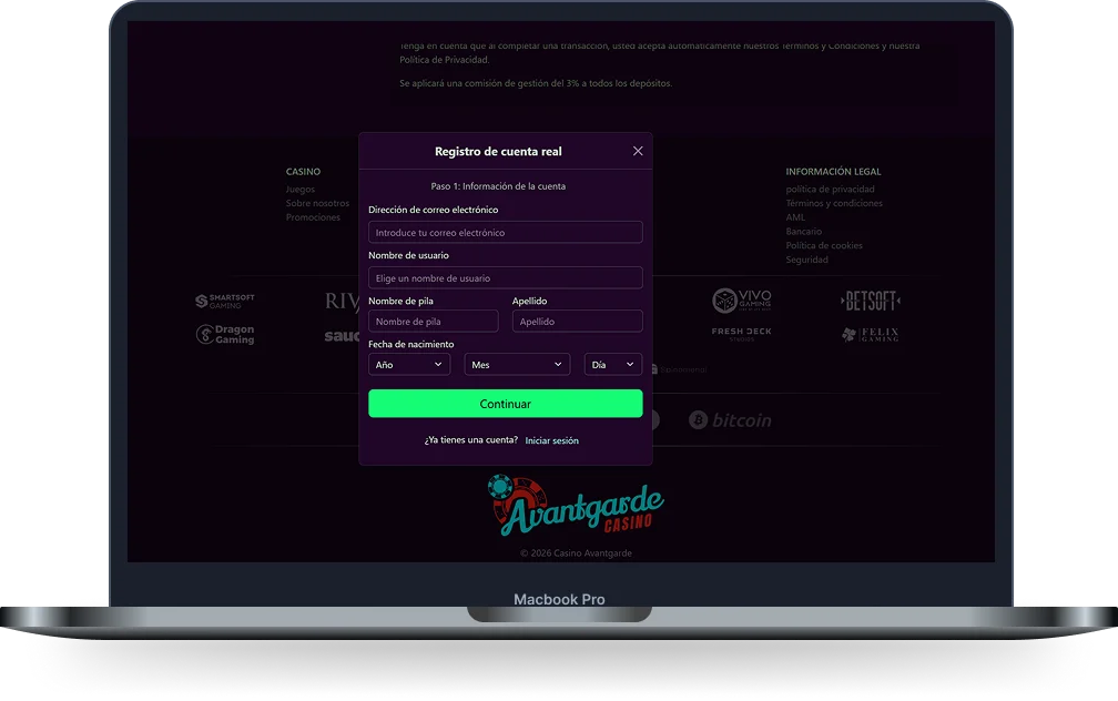 Avantgarde Casino formulario de registro de cuenta real mostrado en un ordenador portátil