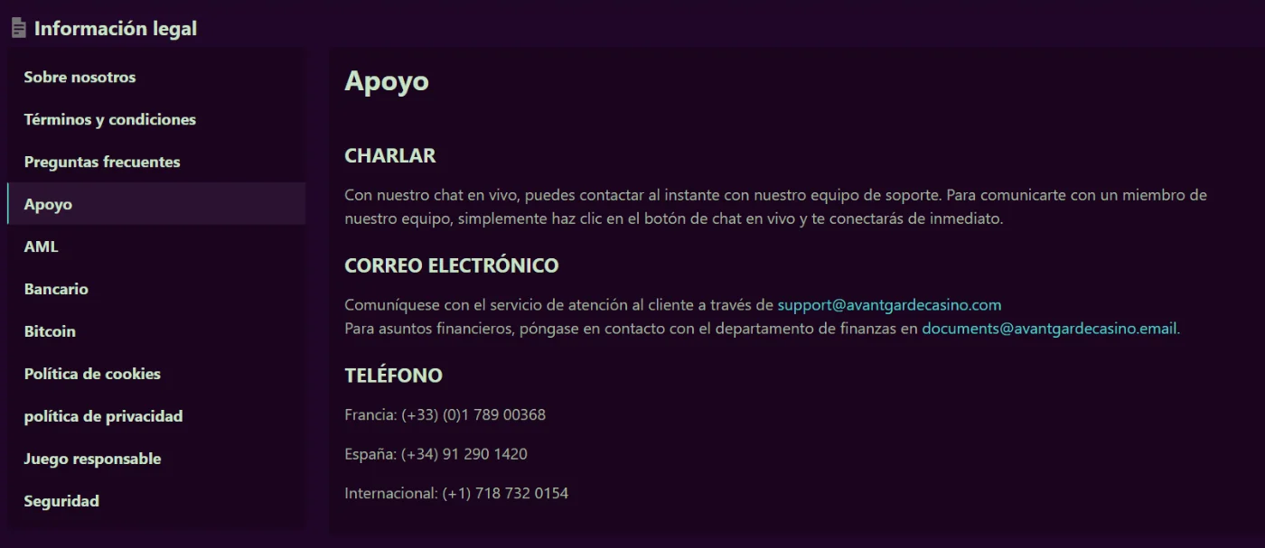 Avantgarde Casino sección de información legal con chat, correo electrónico y teléfonos de soporte