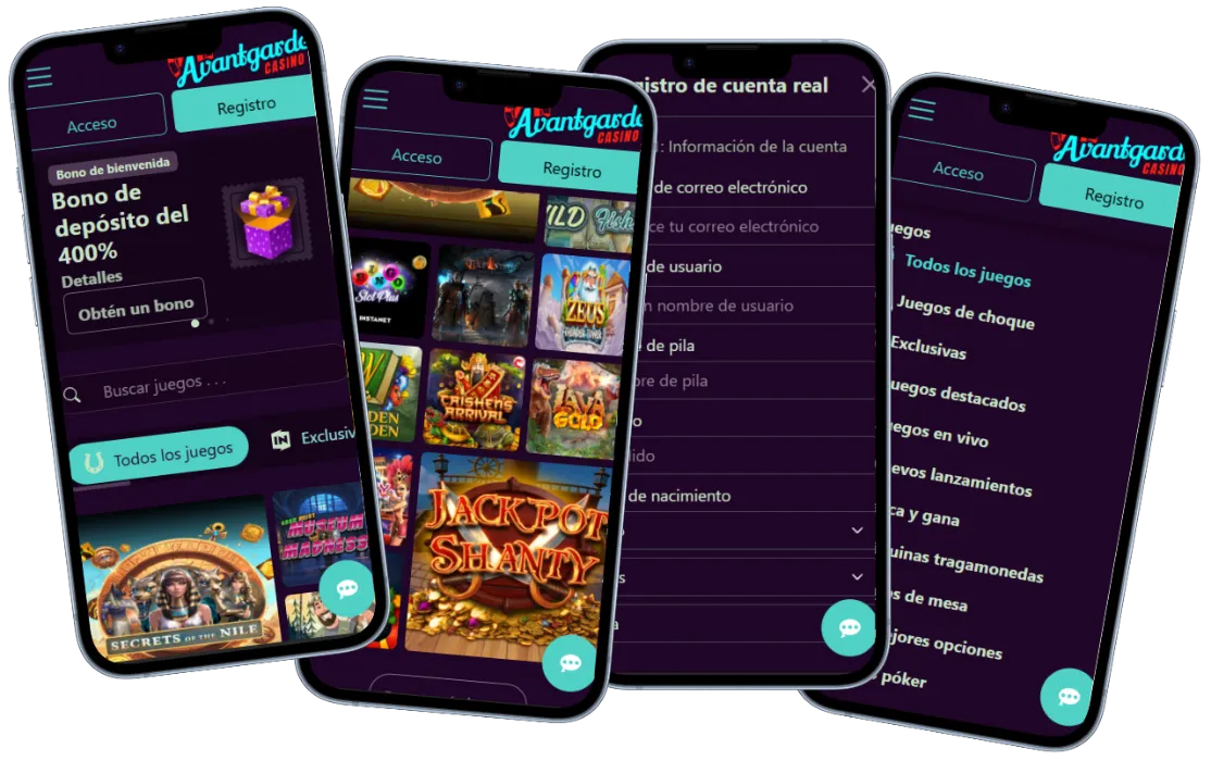 Avantgarde Casino versión móvil con bono de bienvenida, catálogo de juegos, registro y menú de categorías